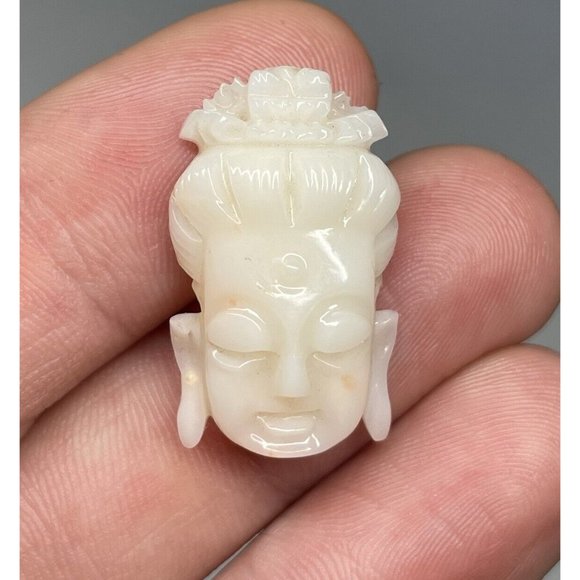 1" Antique Hand Carved Angel Coral Buddha Face Boddhisatva Chinese Pendant Head - Picture 5 of 14